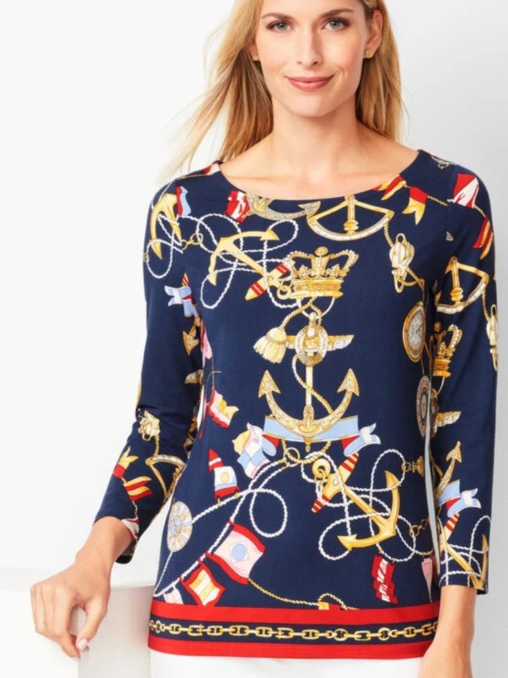 Talbots Navy Nautical Bateau Neck Long-Sleeve Top with Gold Accents MP